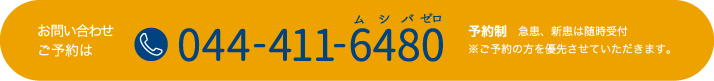 お問い合わせご予約は 044-411-6480 予約制 急患、新患(初診)は随時受付 ※ご予約の方を優先させていただきます。